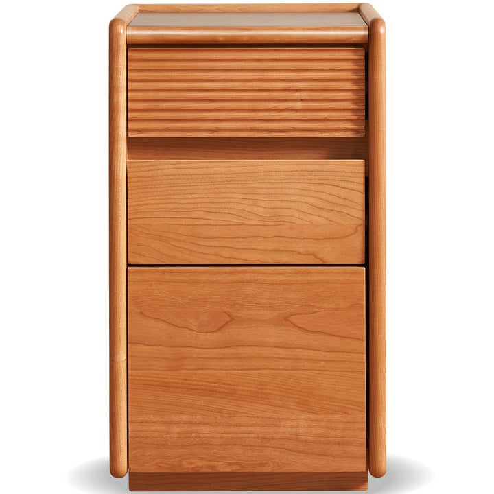 Scandinavian cherry wood side table auria in white background.