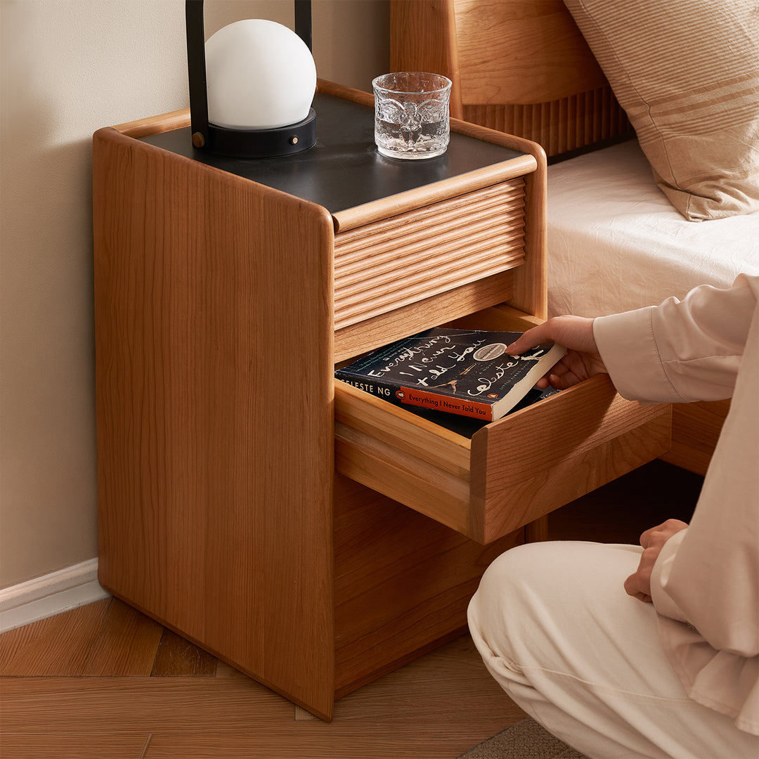 Scandinavian cherry wood side table auria with context.