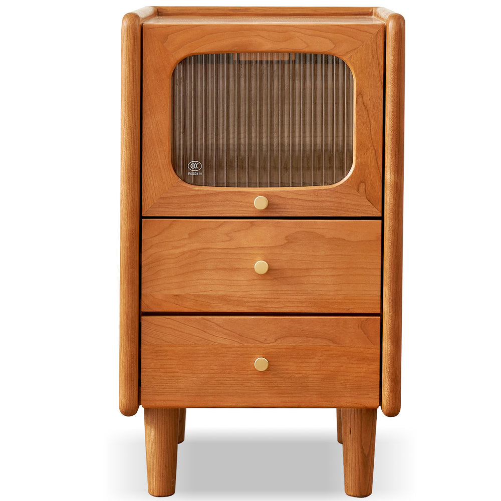 Scandinavian cherry wood side table skylar in white background.