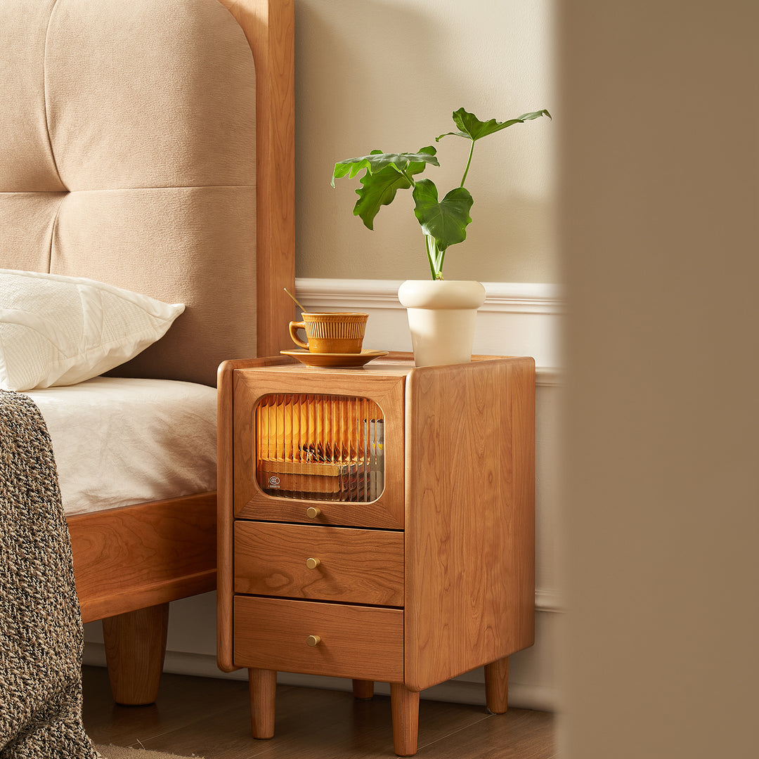 Scandinavian cherry wood side table skylar in real life style.
