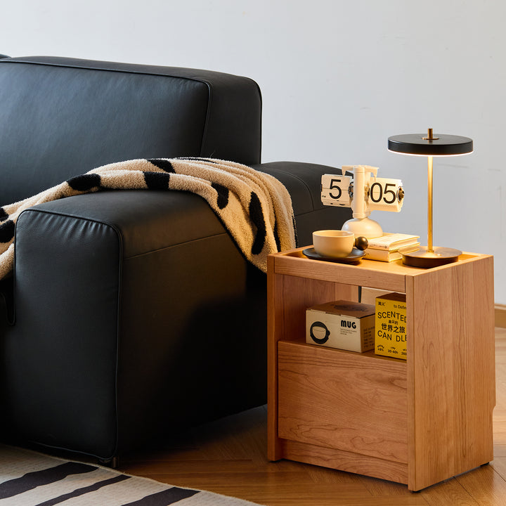 Scandinavian cherry wood side table sugar in still life.