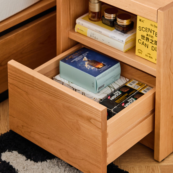 Scandinavian cherry wood side table sugar in real life style.