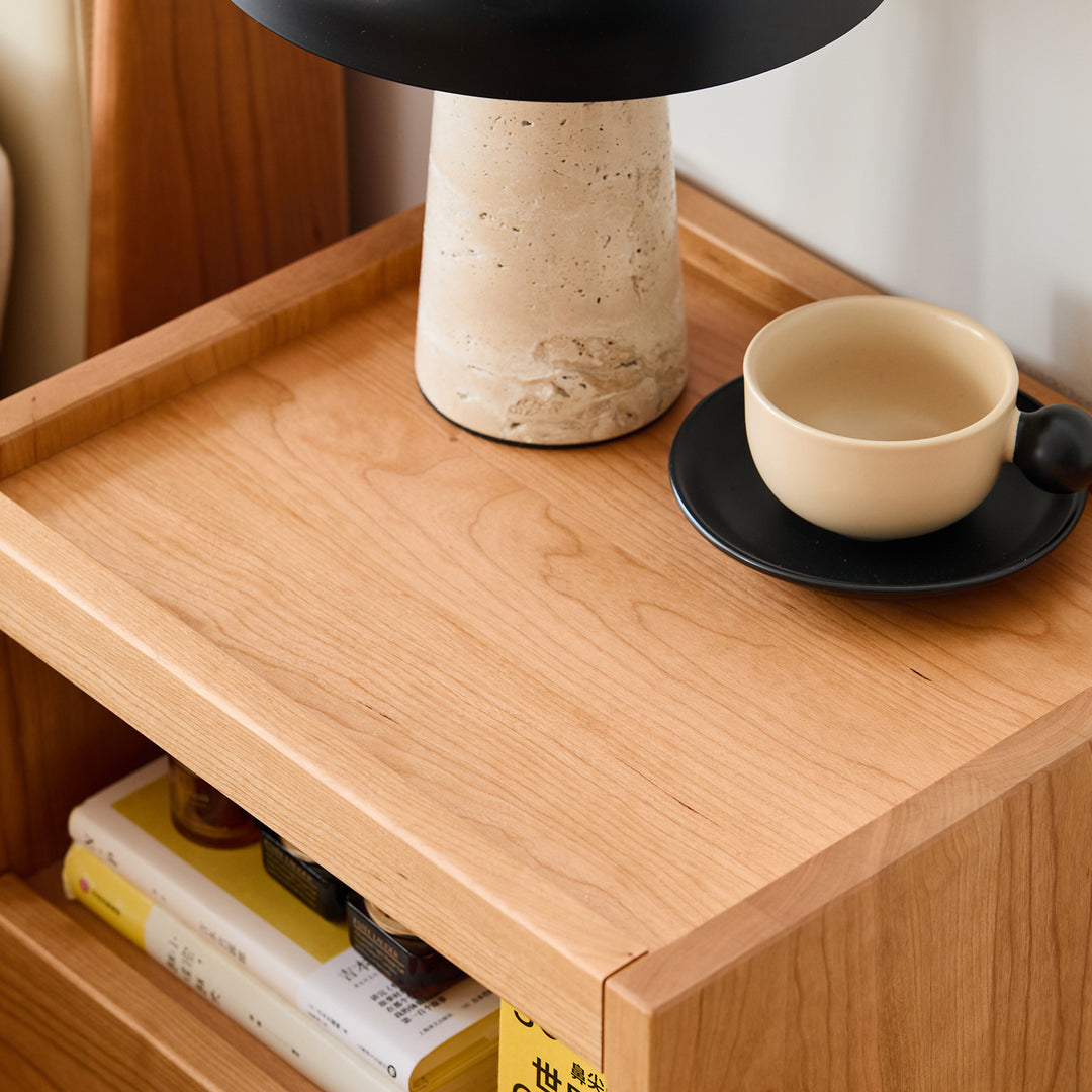 Scandinavian cherry wood side table sugar in details.