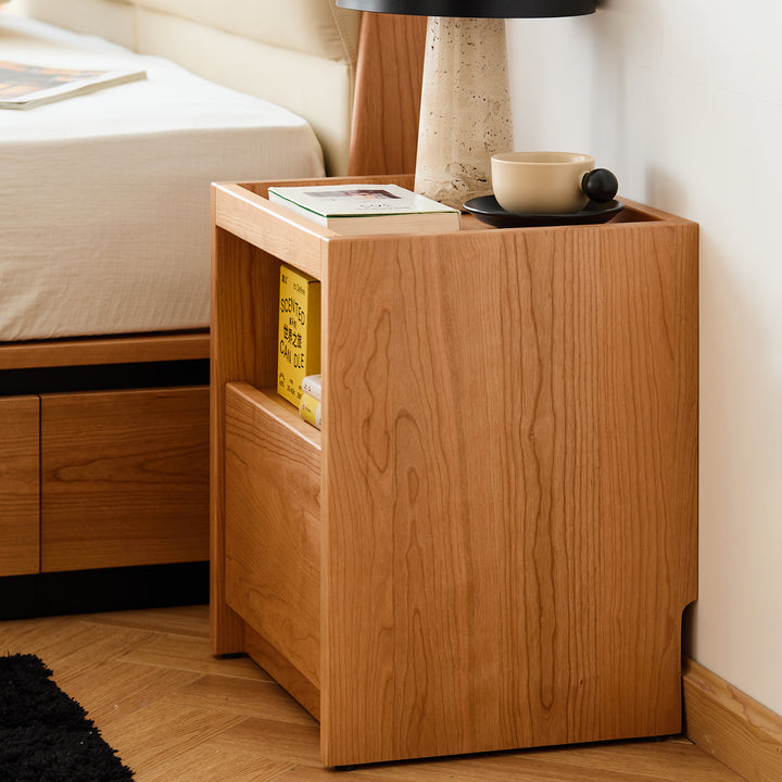 Scandinavian cherry wood side table sugar in close up details.
