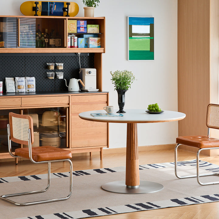 Scandinavian cherry wood sintered stone round dining table grey size charts.