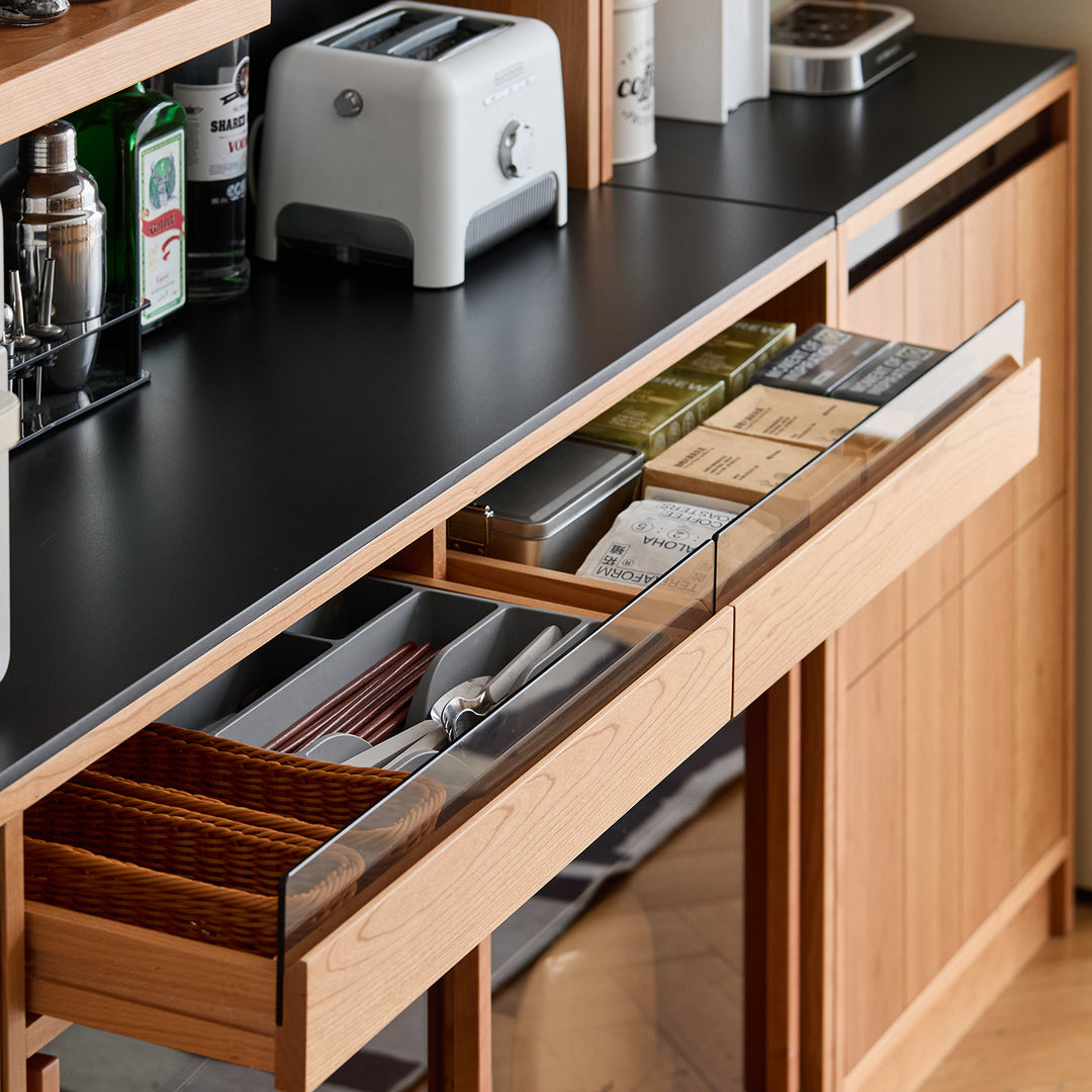 Scandinavian cherry wood sintered stone side cabinet timeless material variants.