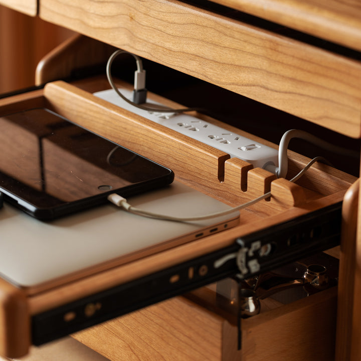 Scandinavian cherry wood study table with shelf cape with context.