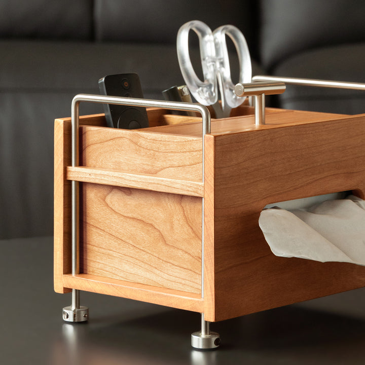 Scandinavian cherry wood tissue box sort color swatches.