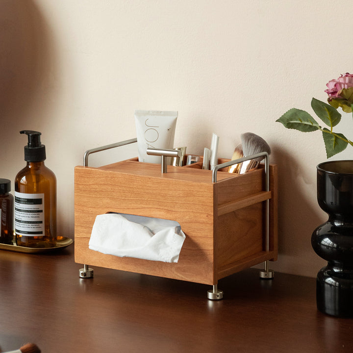 Scandinavian cherry wood tissue box sort with context.