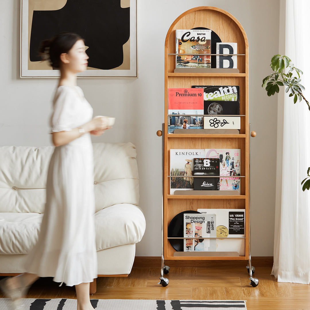 Scandinavian cherry wood wheeled mirror aura material variants.
