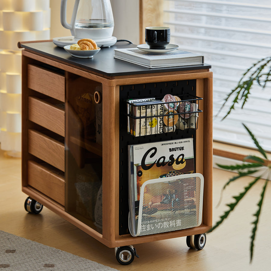 Scandinavian cherry wood wheeled trolley side table bus primary product view.