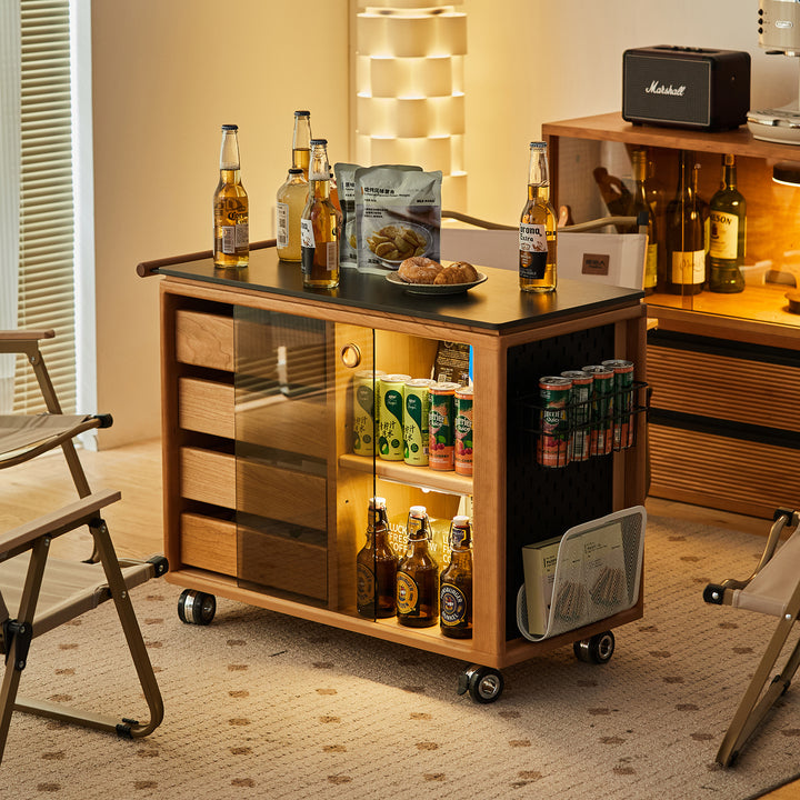 Scandinavian cherry wood wheeled trolley side table bus in panoramic view.