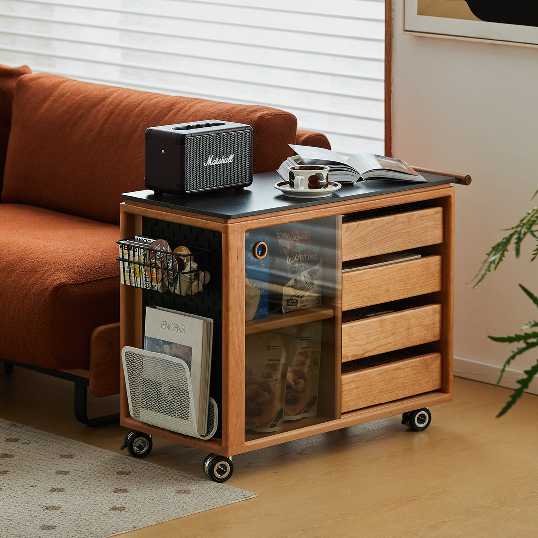 Scandinavian cherry wood wheeled trolley side table bus color swatches.