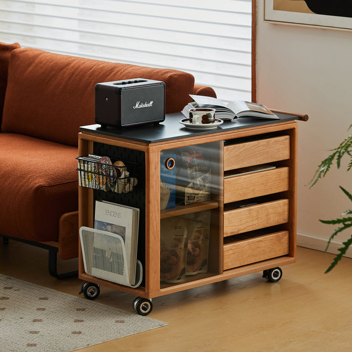 Scandinavian cherry wood wheeled trolley side table bus color swatches.