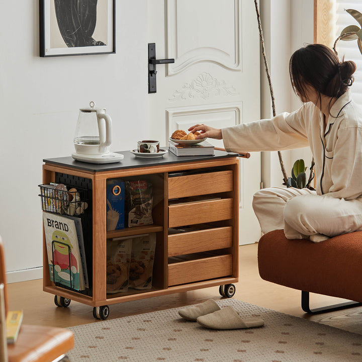 Scandinavian cherry wood wheeled trolley side table bus material variants.