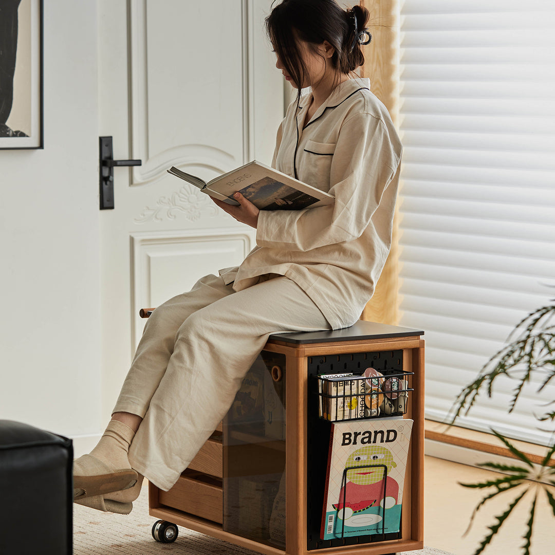 Scandinavian cherry wood wheeled trolley side table bus in details.