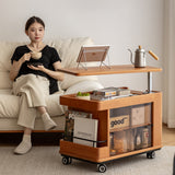 Scandinavian cherry wood wheeled trolley side table drift in real life style.