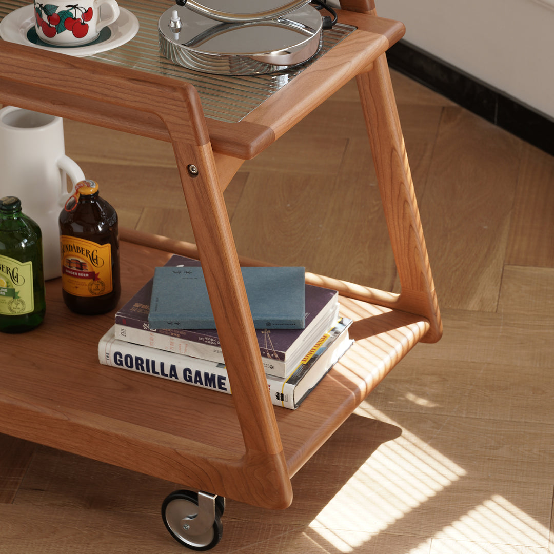 Scandinavian cherry wood wheeled trolley side table yoyo material variants.