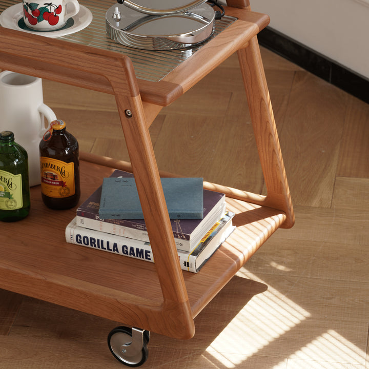 Scandinavian cherry wood wheeled trolley side table yoyo material variants.