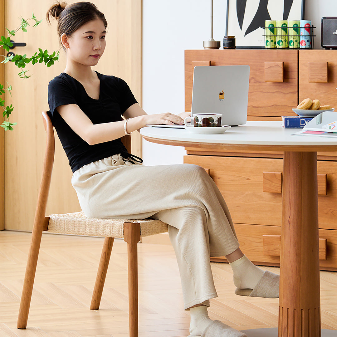 Scandinavian cherry wood woven rope dining chair sona material variants.