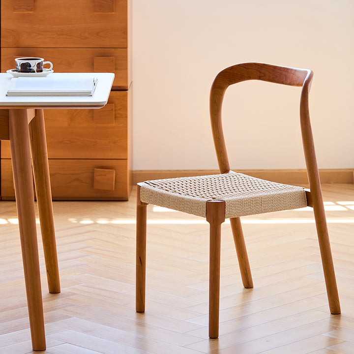 Scandinavian cherry wood woven rope dining chair sona in real life style.