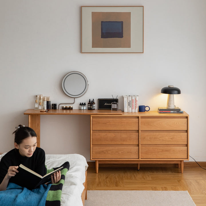 Scandinavian cherry wood dressing table vista in real life style.