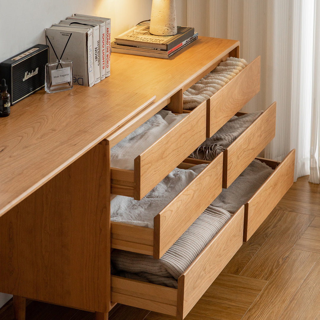 Scandinavian cherry wood dressing table vista in close up details.