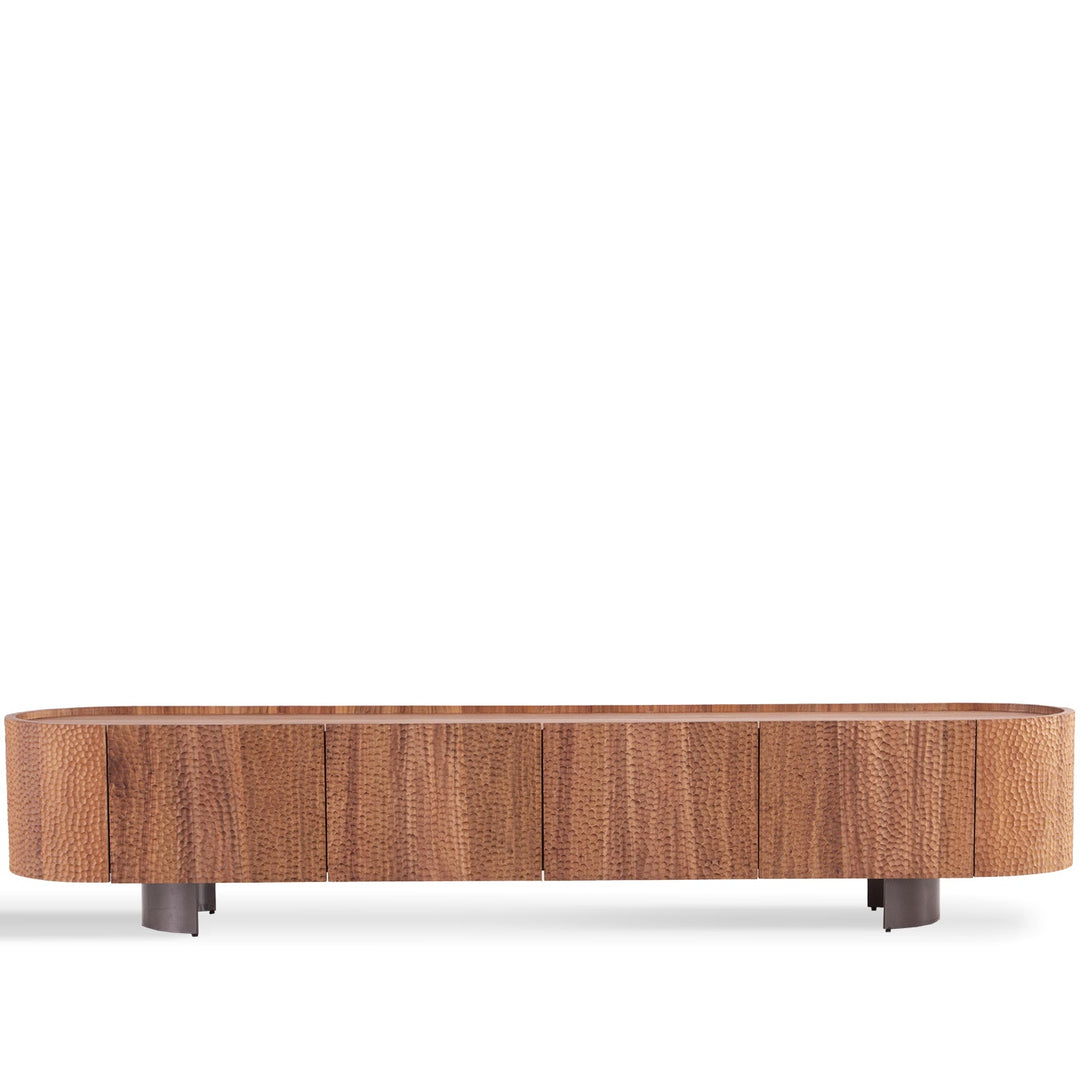 Scandinavian elm wood tv console savvy in white background.