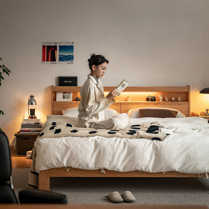 Scandinavian oak wood bed accompany light primary product view.