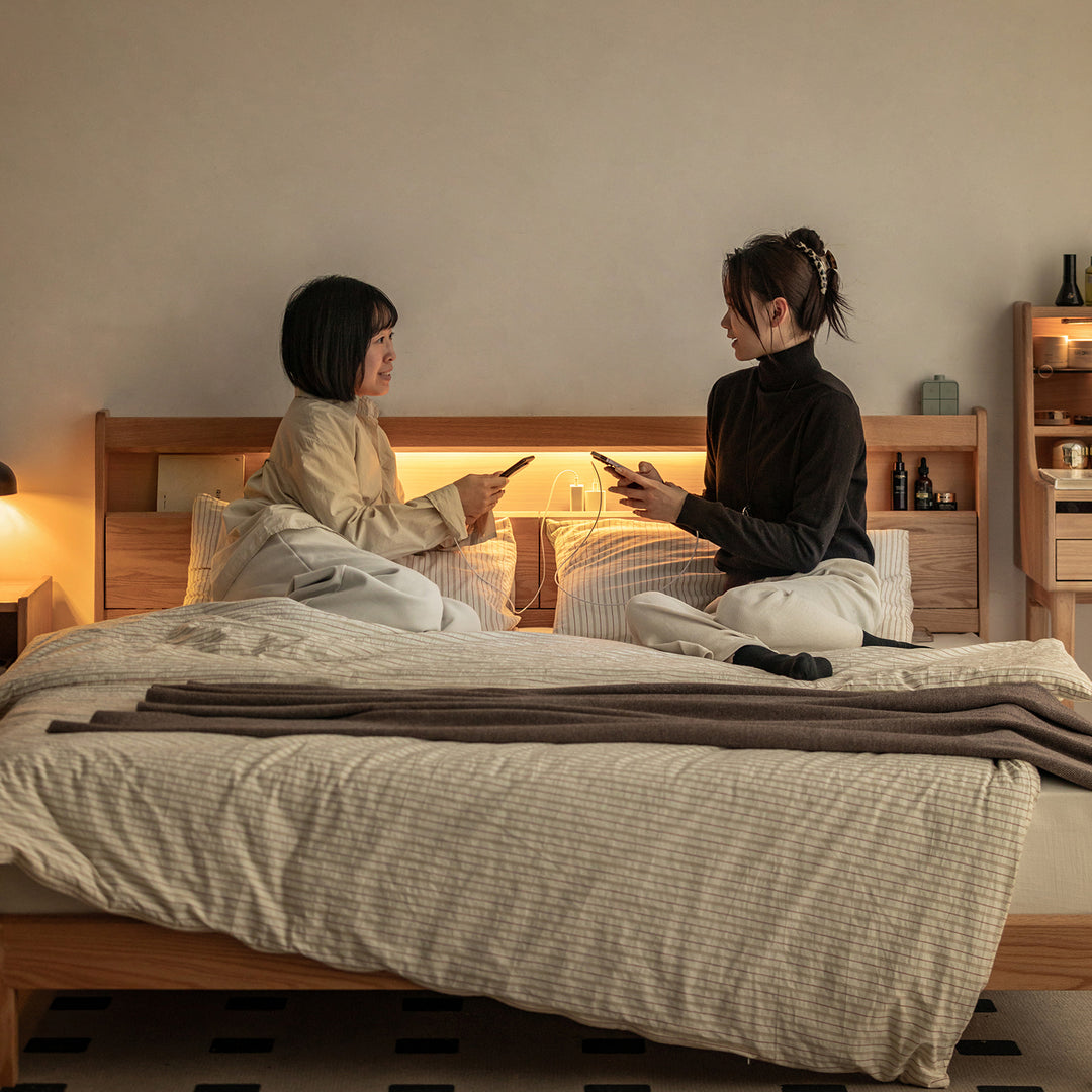 Scandinavian oak wood bed accompany light material variants.