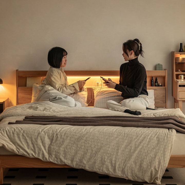 Scandinavian oak wood bed accompany light material variants.