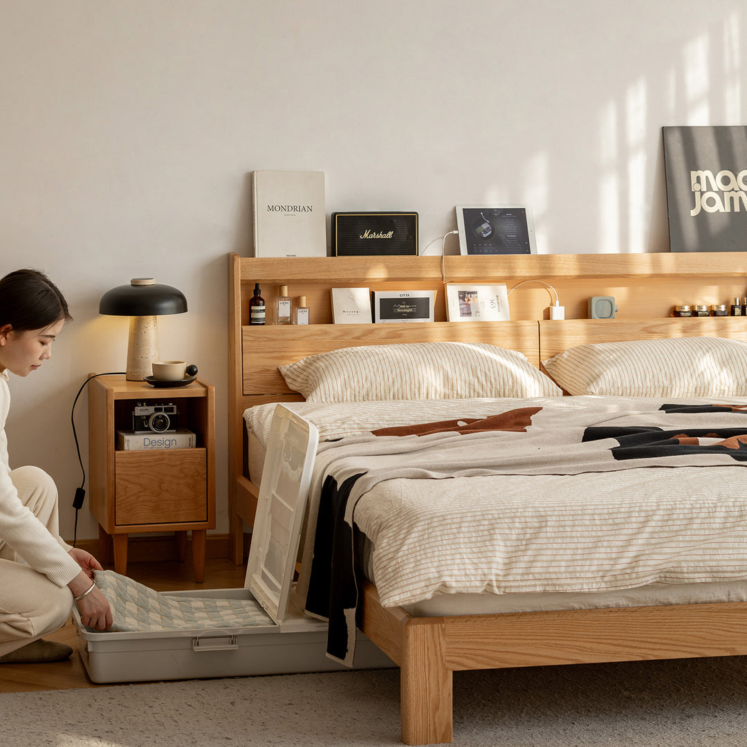 Scandinavian oak wood bed accompany light in details.