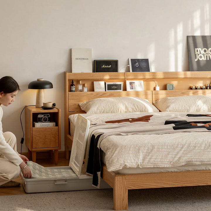 Scandinavian oak wood bed accompany light in details.