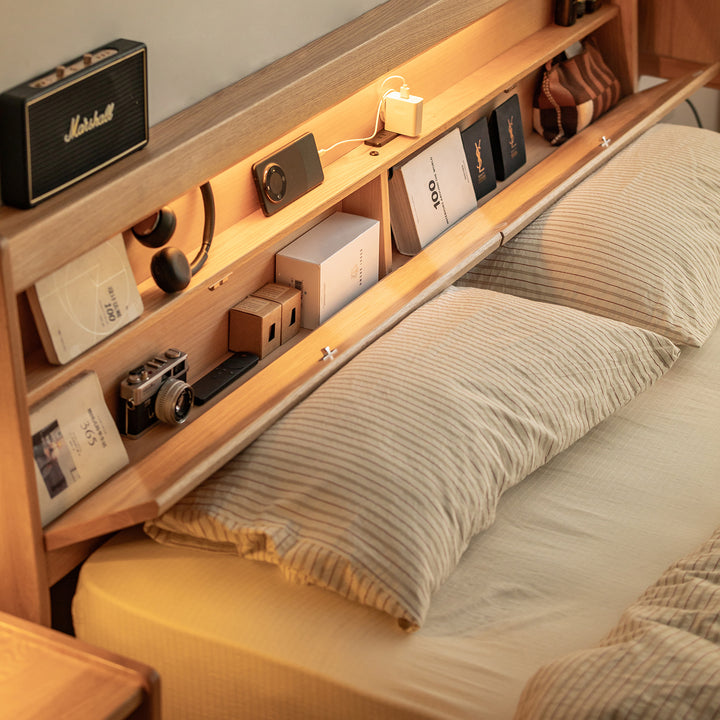 Scandinavian oak wood bed accompany light in close up details.