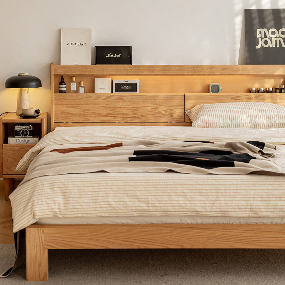 Scandinavian oak wood bed accompany light in panoramic view.