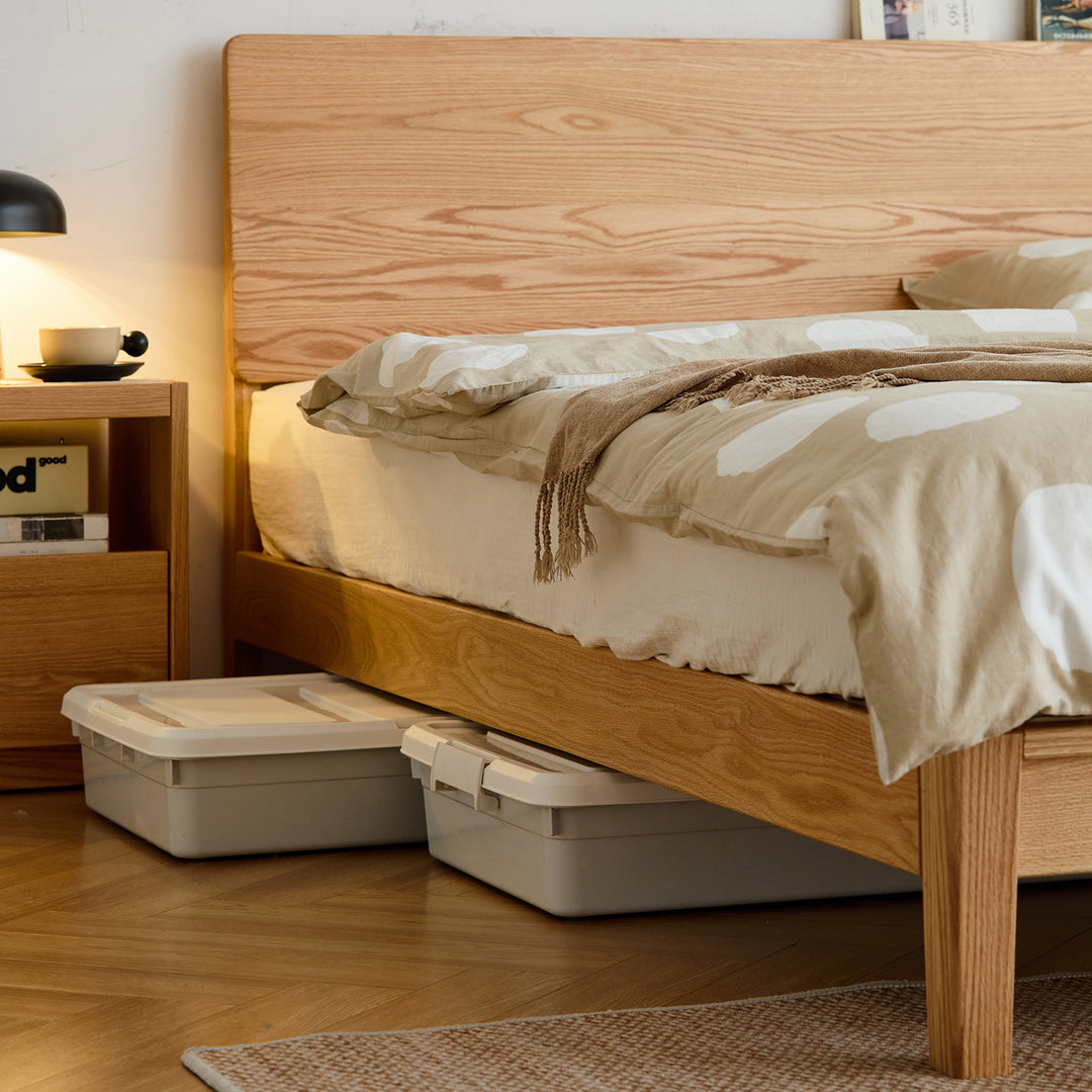 Scandinavian oak wood bed solid in real life style.