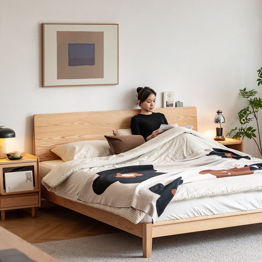 Scandinavian oak wood bed solid in details.