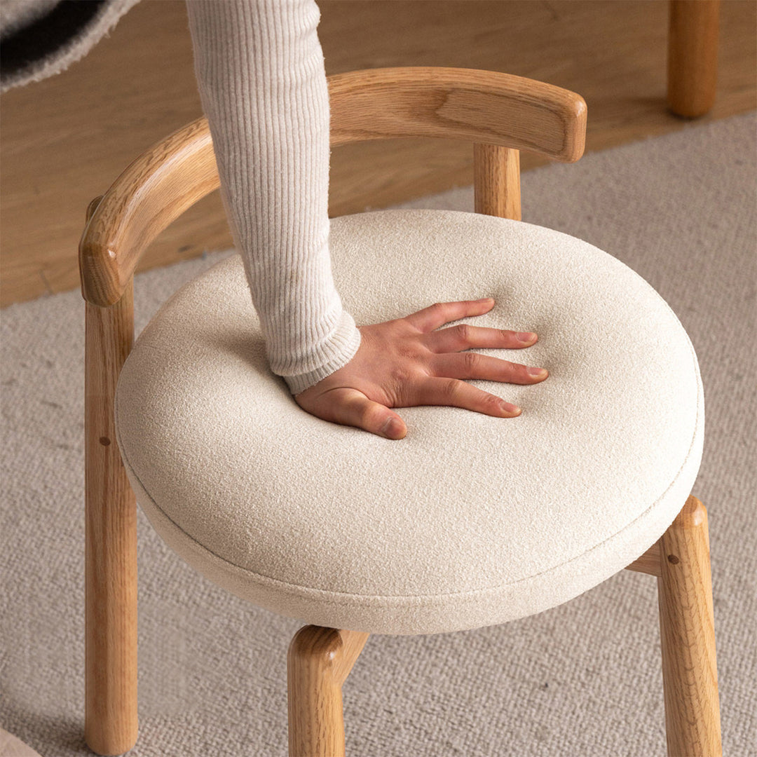 Scandinavian oak wood boucle fabric dressing chair turni color swatches.