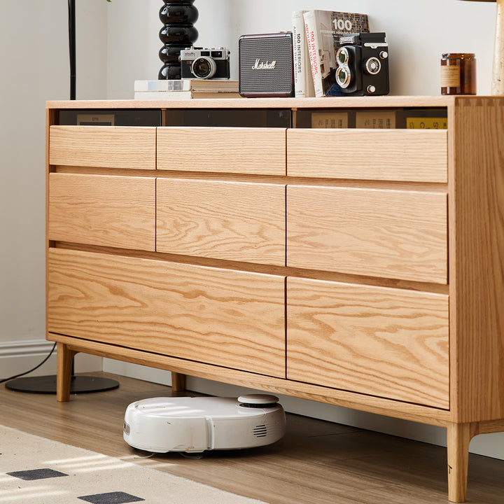 Scandinavian oak wood chest of 8 drawers floating light material variants.