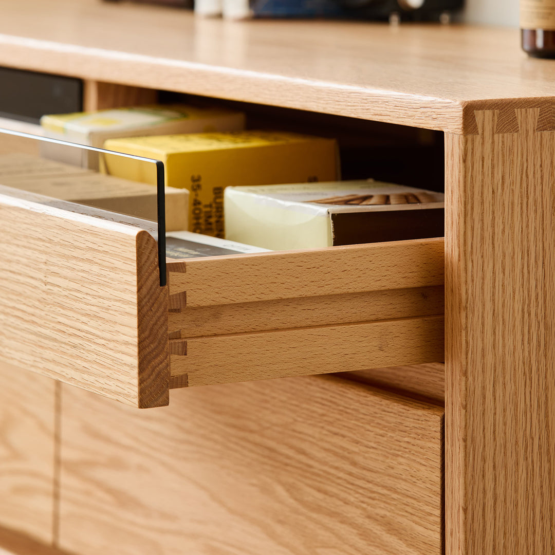 Scandinavian oak wood chest of 8 drawers floating light with context.