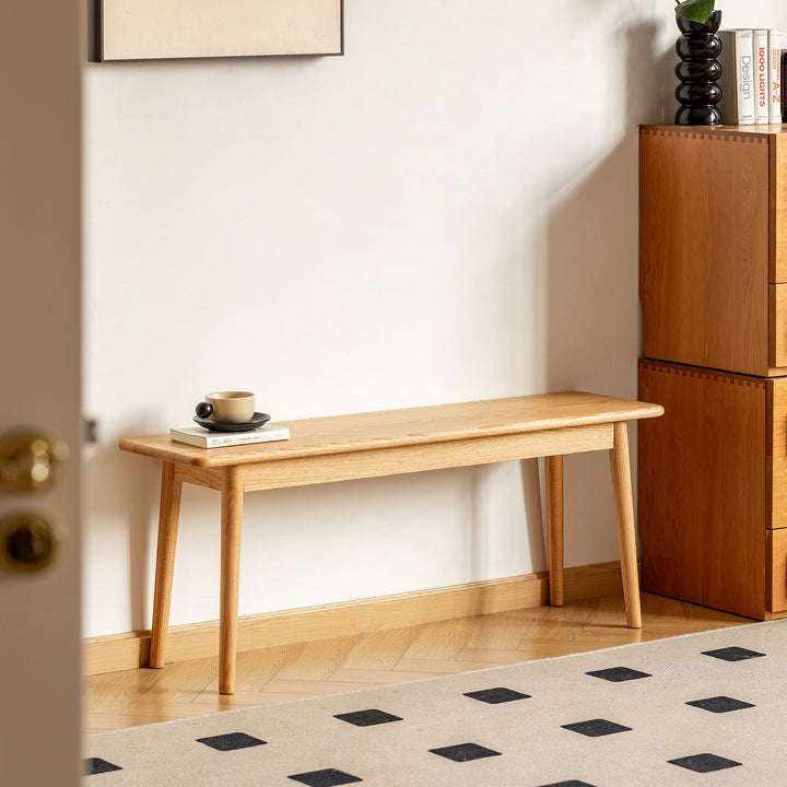 Scandinavian oak wood dining bench green in details.