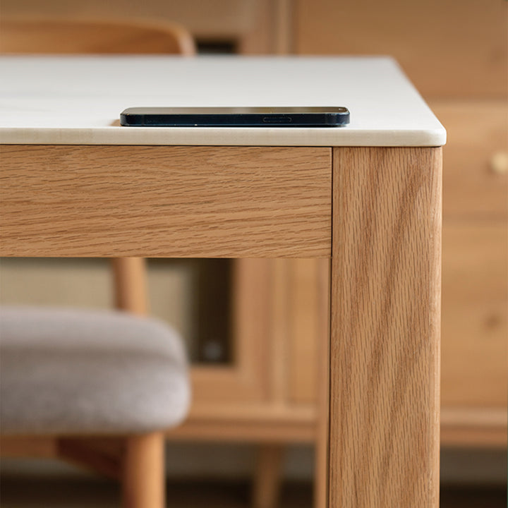 Scandinavian oak wood dining table elm in panoramic view.