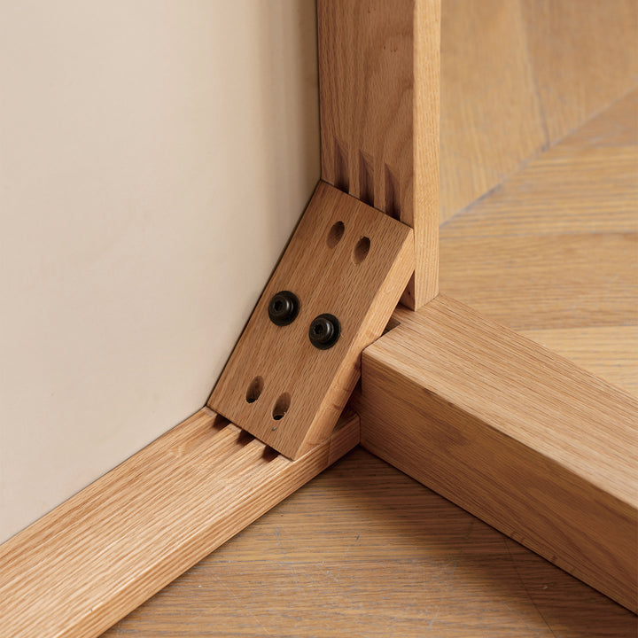 Scandinavian oak wood dining table elm in details.