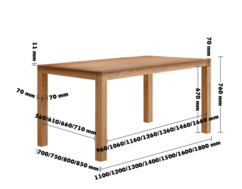 Scandinavian Oak Wood Dining Table ELM Size Chart
