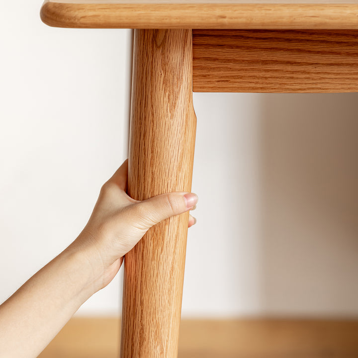 Scandinavian oak wood dining table green in panoramic view.