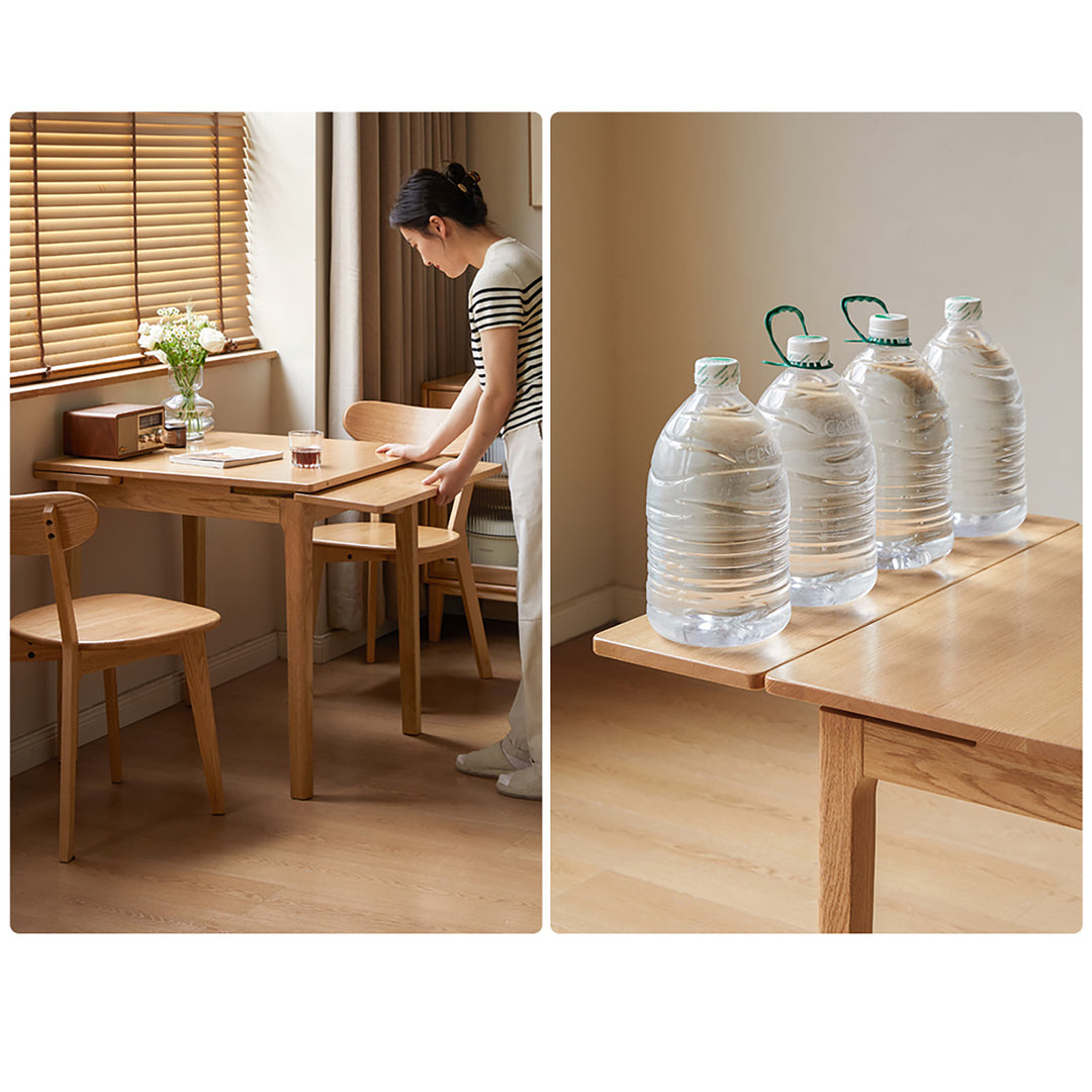 Scandinavian oak wood extendable dining table extendra with context.