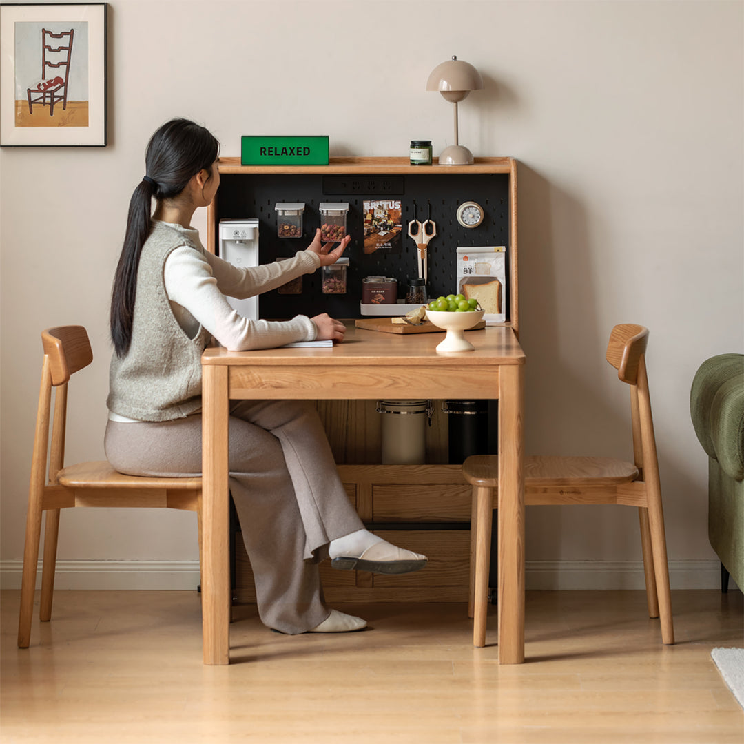 Scandinavian oak wood extendable dining table with shelf nest size charts.