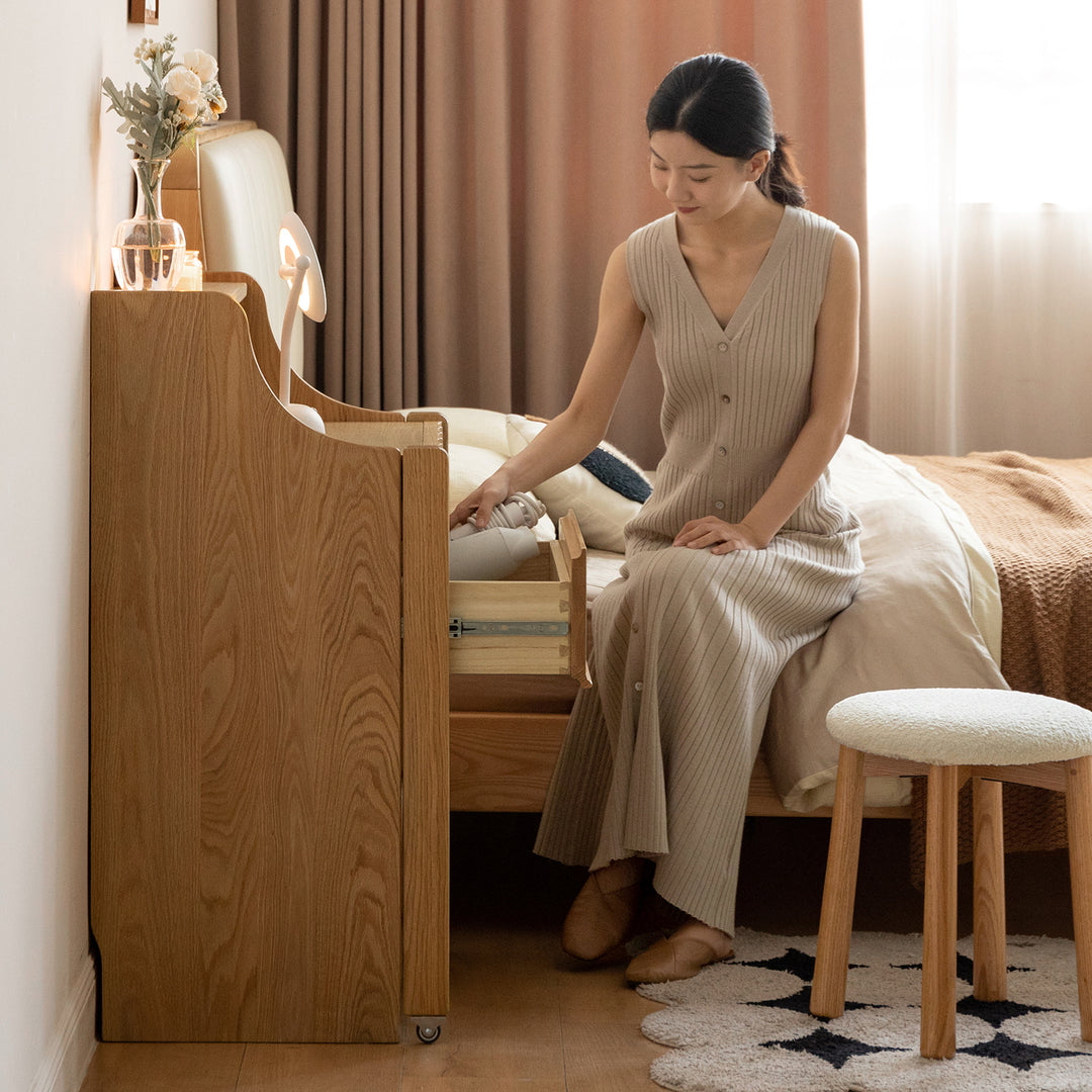 Scandinavian oak wood extendable dressing table magicbox in close up details.