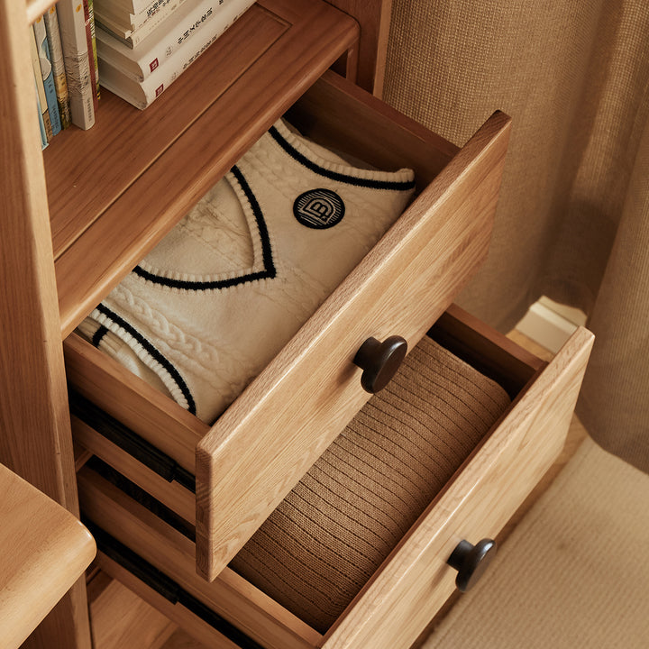 Scandinavian oak wood kids wardrobe cookie in panoramic view.