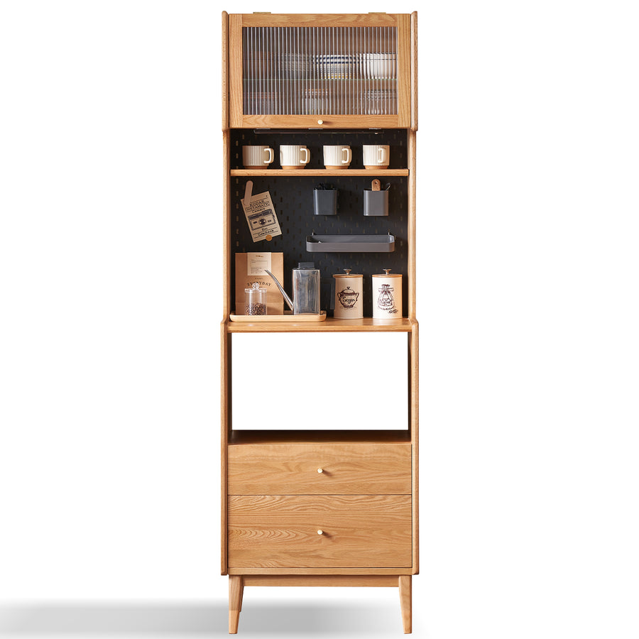 Scandinavian oak wood kitchen cabinet hemu in white background.